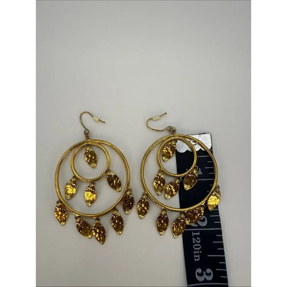 Gold Double Hoop Dangle Earrings with Leaf Charms